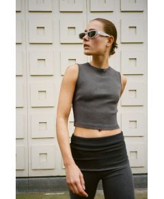 Zara Короткий топ с круглым вырезом из рифленой ткани с эффектом выцветания , Цвет: Черный, Размер: S