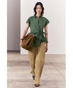 Zara Рубашка с воротником из коллекции zw из поплина с деталью узла , Цвет: Зеленый, Размер: S