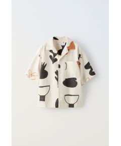 Zara Рубашка из льняной смеси с абстрактным принтом , Цвет: Бежевый, Размер: 6-7 лет (120 см)